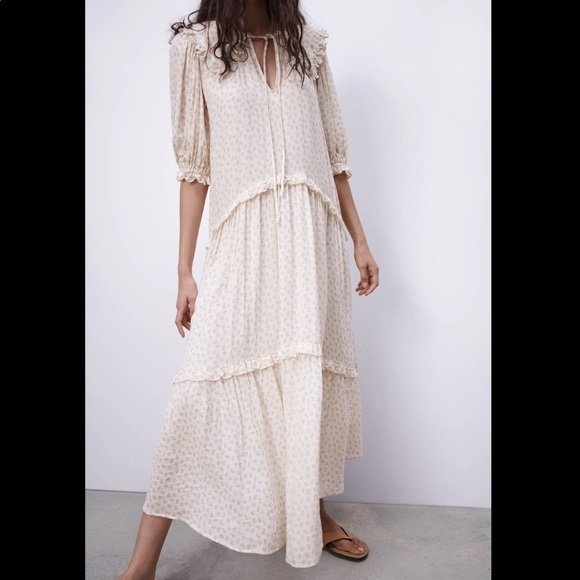 ZARA Floral Printed Muslin Midi Dress Ecru Beige - Picture 6 of 16